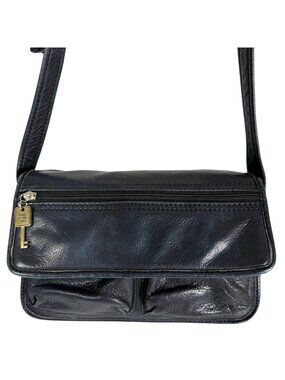 VTG Fossil Dark Blue Leather Shoulder Bag Flap Front Double Pockets w/ Key Fob